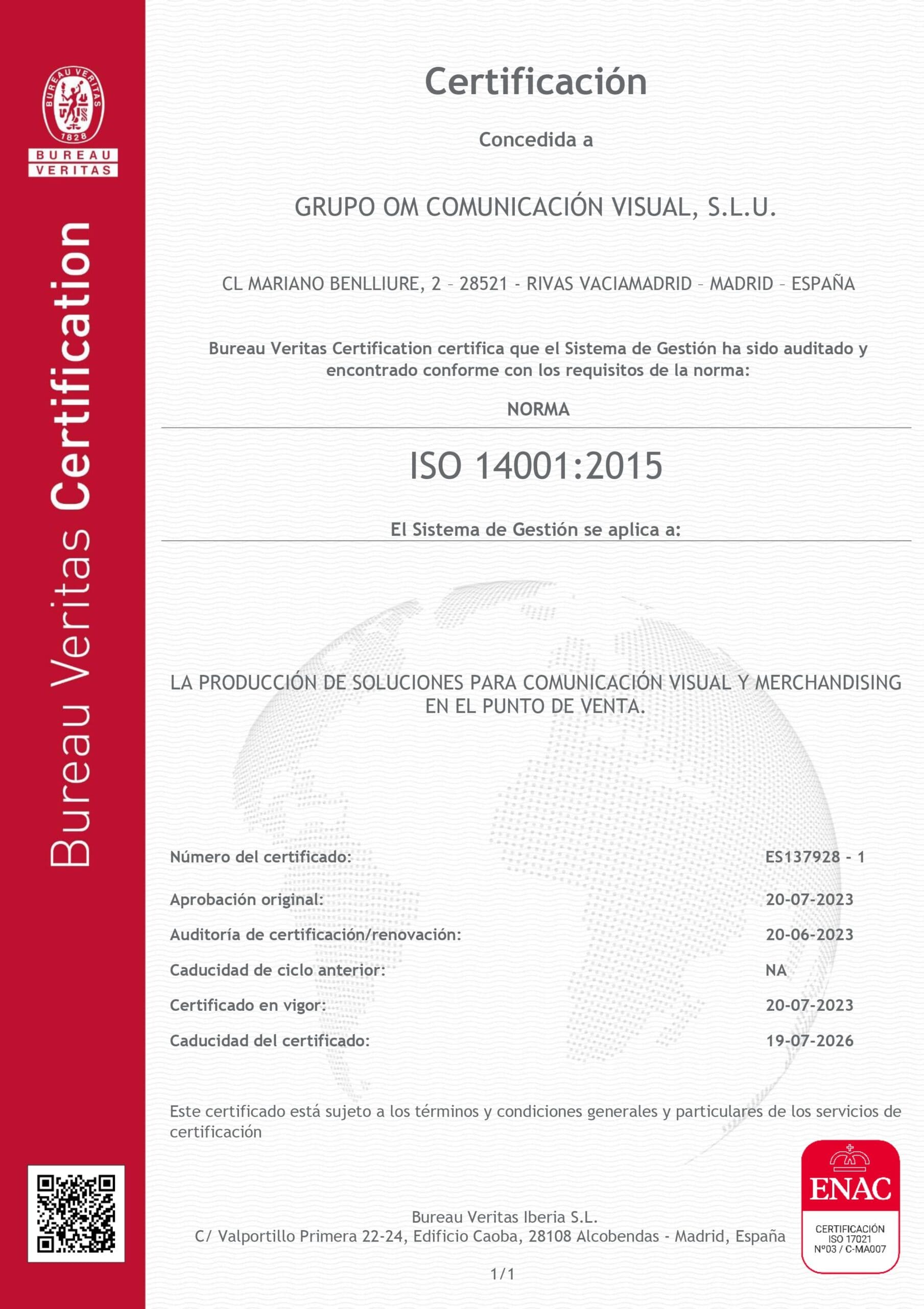 ISO 14001-GRUPO OM COMUNICACION VISUAL SL