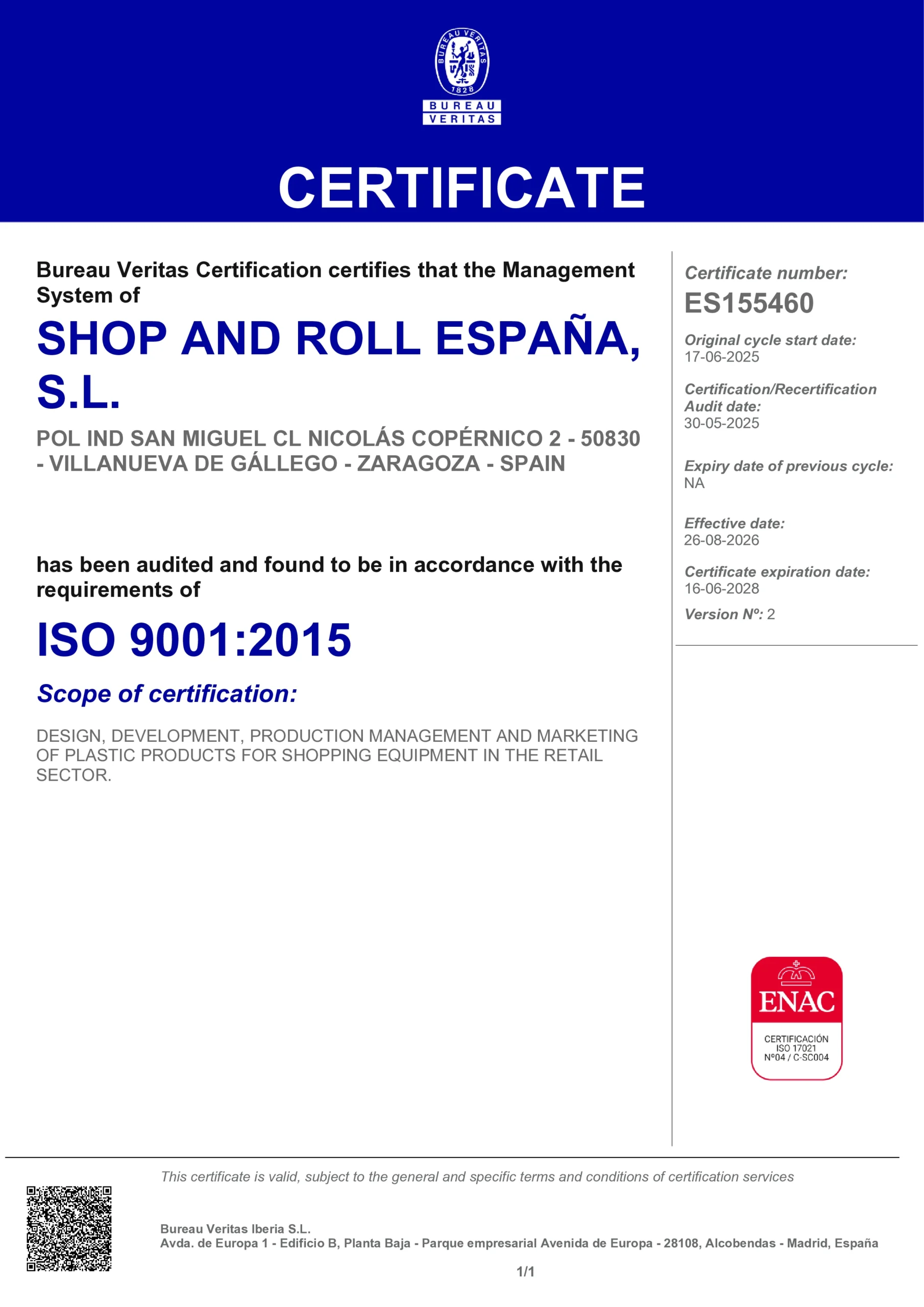 Certificado ISO 9001 — SHOP AND ROLL ESPAÑA, SL