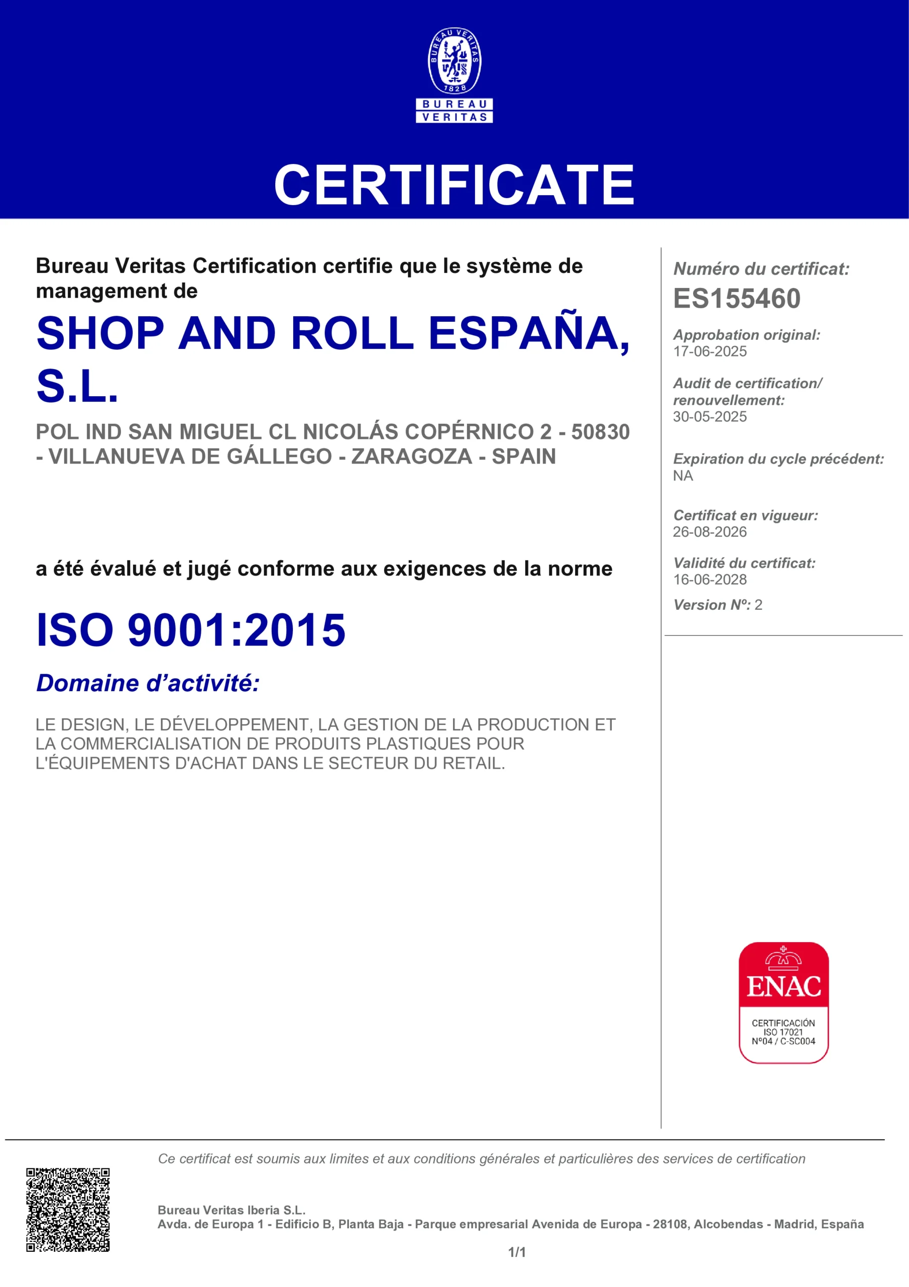 Certificado ISO 9001 — SHOP AND ROLL ESPAÑA, SL